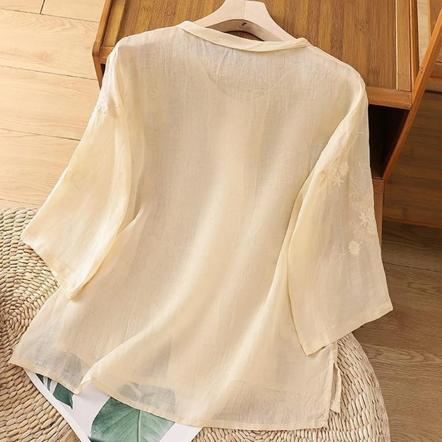 Linen Shirts for Women Crewneck Retro Blouses Boho Summer Tee Shirt Long Sleeve Loose Tunic Tops