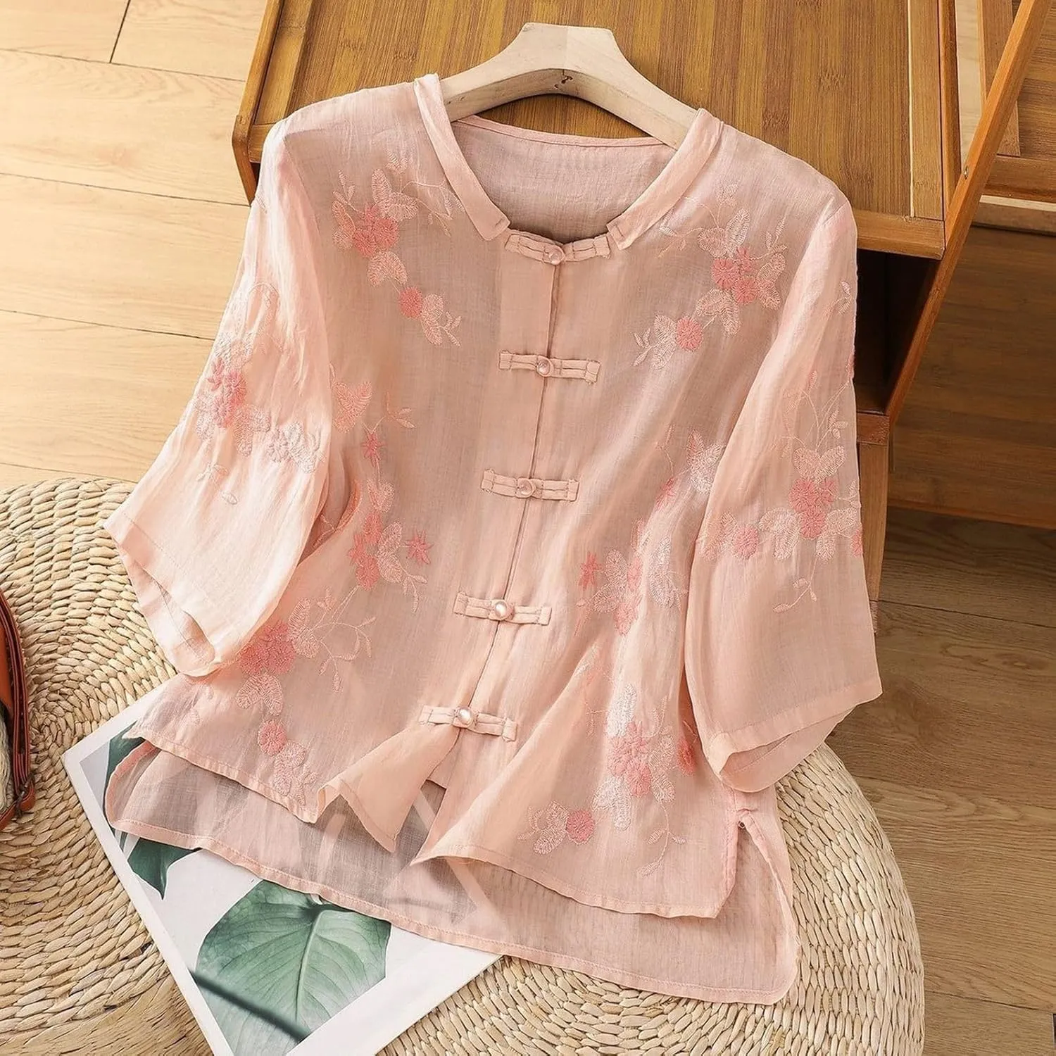 Linen Shirts for Women Crewneck Retro Blouses Boho Summer Tee Shirt Long Sleeve Loose Tunic Tops