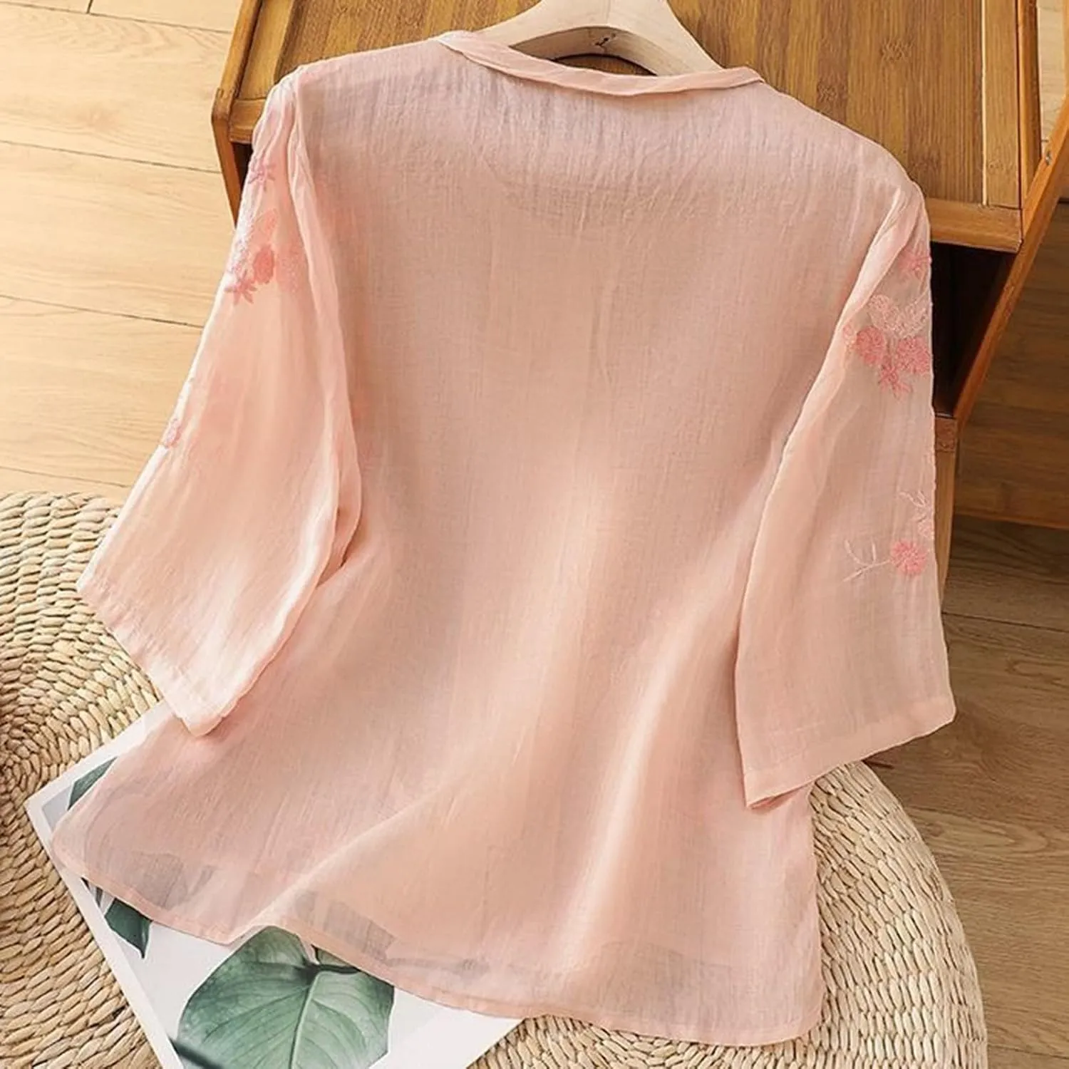 Linen Shirts for Women Crewneck Retro Blouses Boho Summer Tee Shirt Long Sleeve Loose Tunic Tops