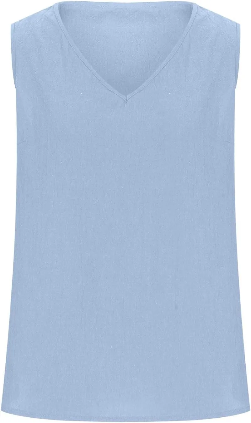 Linen Tank Tops for Women Summer Casual V Neck Sleeveless T-Shirts Basic Lightweight Breathable Pullover Tee Shirts