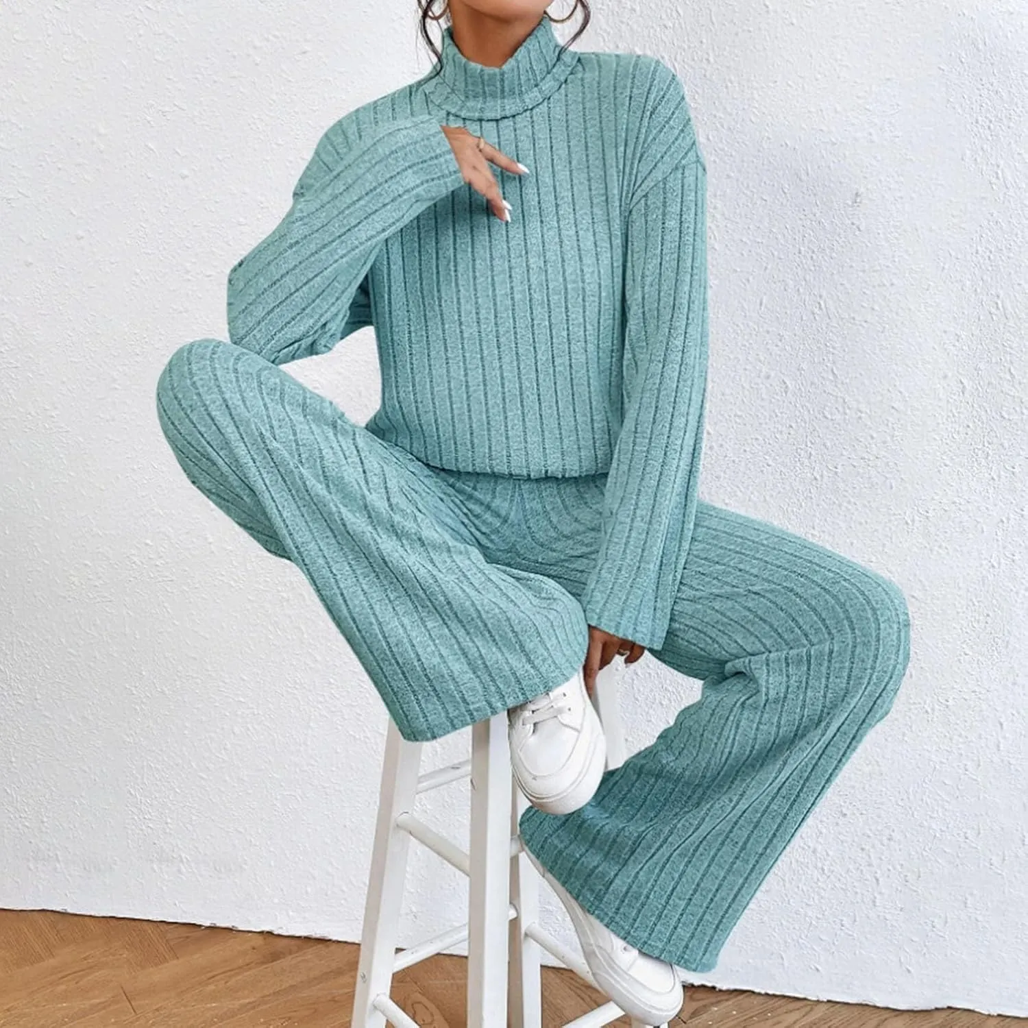 Lounge Sets for Women 2 Piece Long Sleeve Cozy Sweater Pants Knitted Matching Set Casual Travel Outfits Loungewear