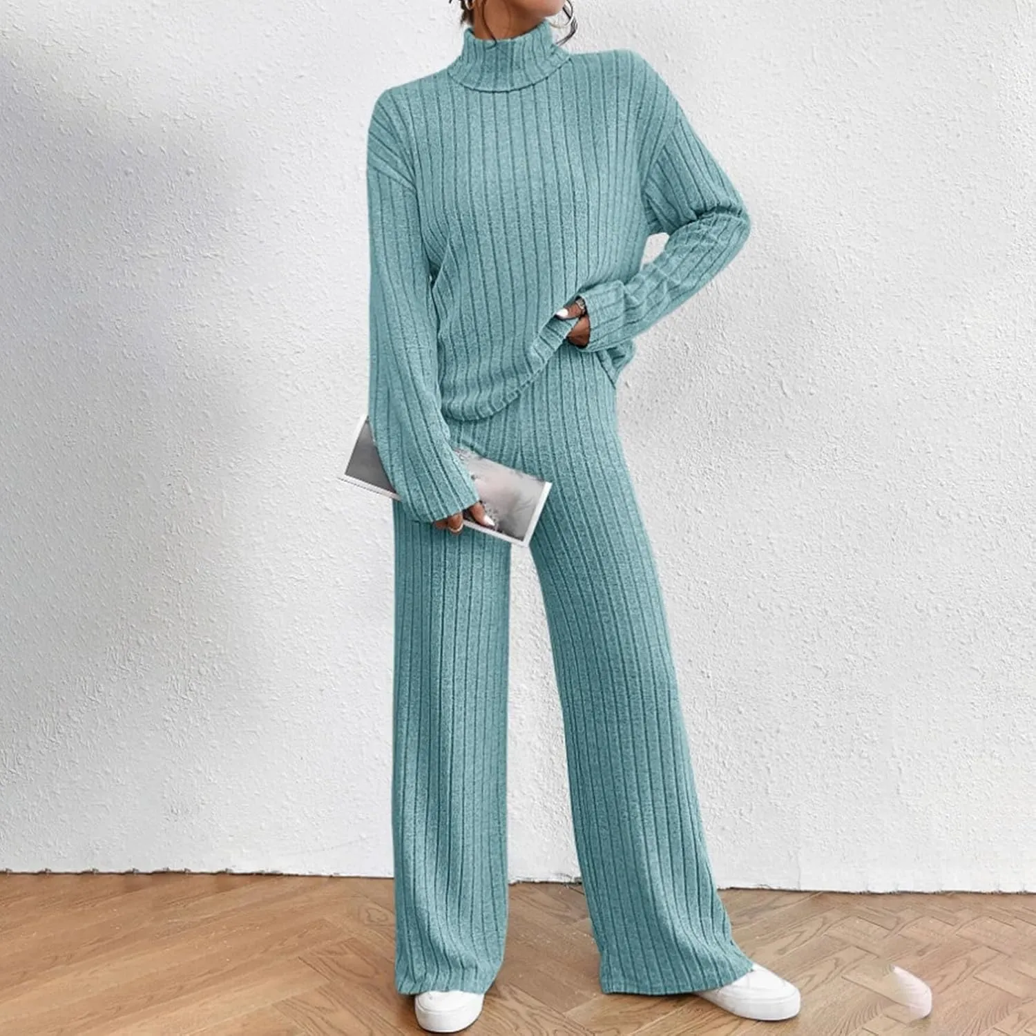 Lounge Sets for Women 2 Piece Long Sleeve Cozy Sweater Pants Knitted Matching Set Casual Travel Outfits Loungewear