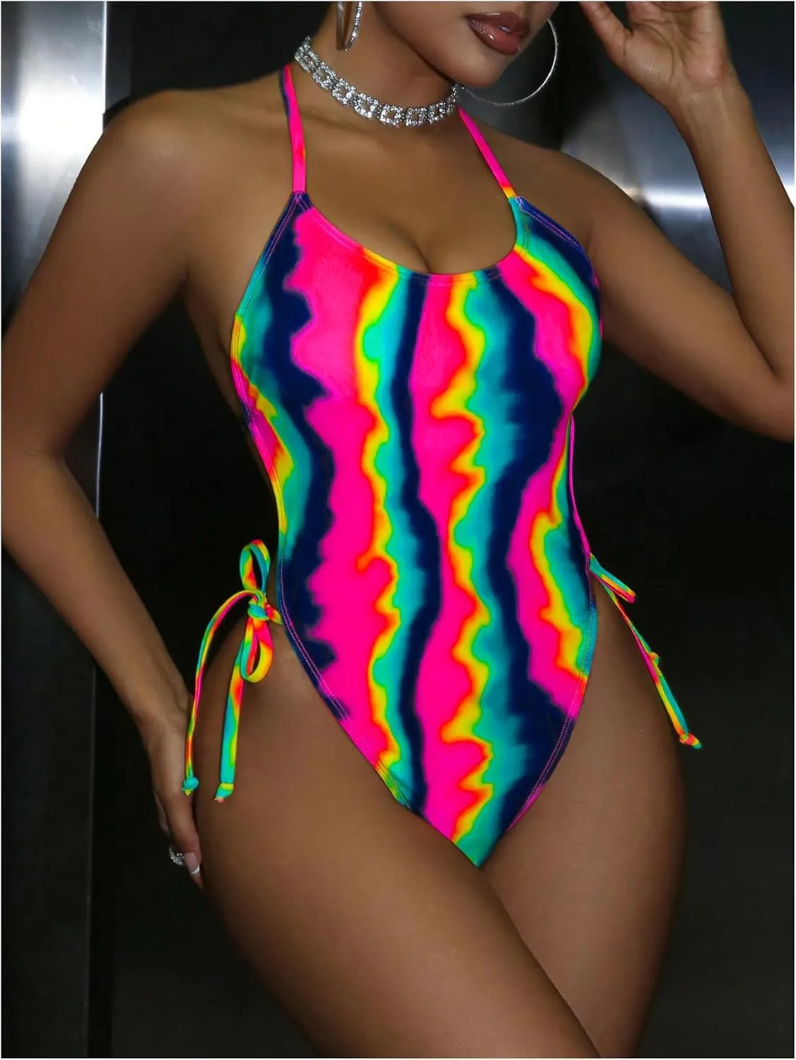 MakeMeChic Women's One Piece Swimsuits Halter Tie Back Tummy Control Bathing Suit