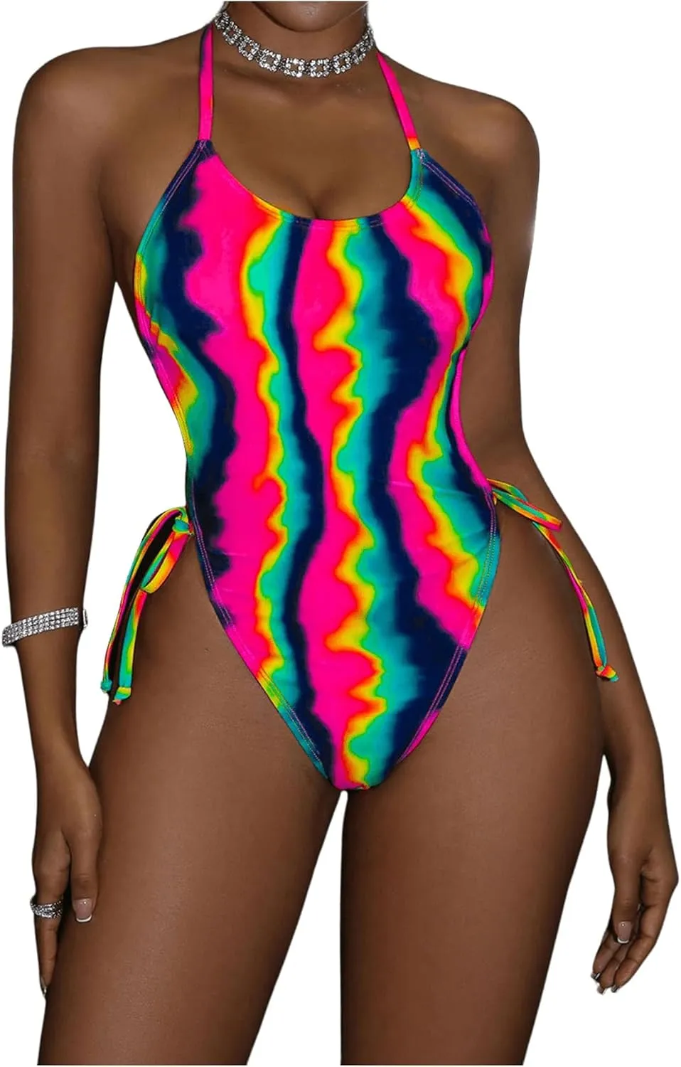 MakeMeChic Women's One Piece Swimsuits Halter Tie Back Tummy Control Bathing Suit