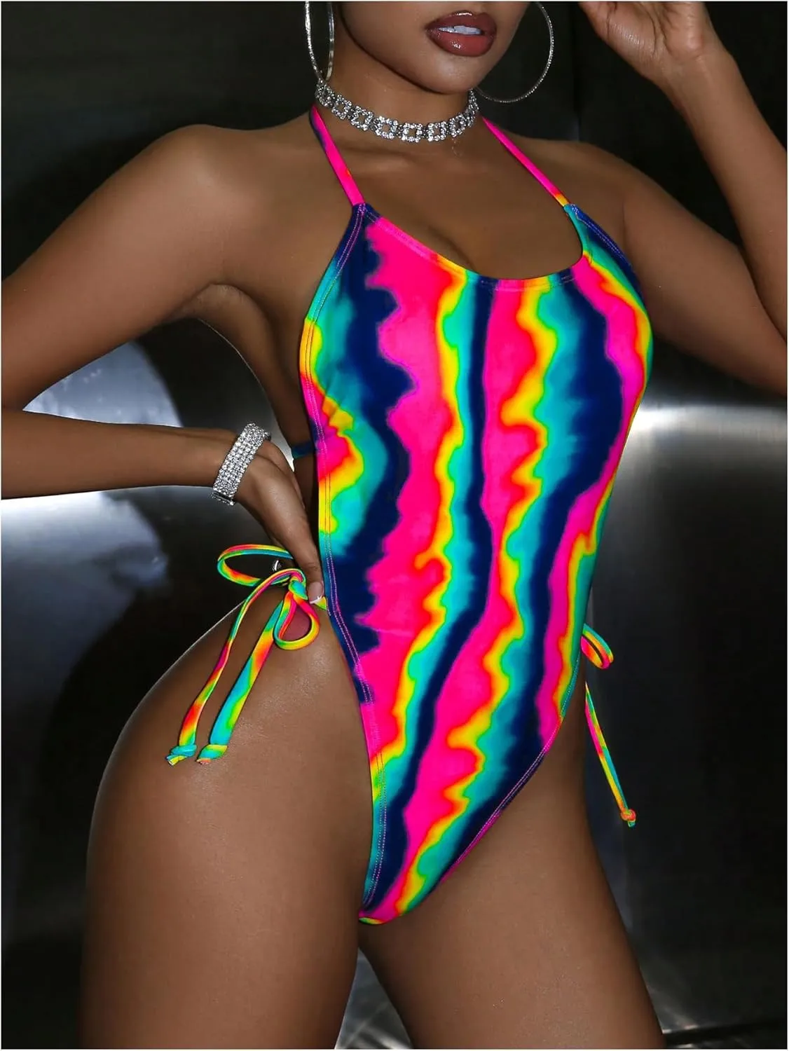 MakeMeChic Women's One Piece Swimsuits Halter Tie Back Tummy Control Bathing Suit