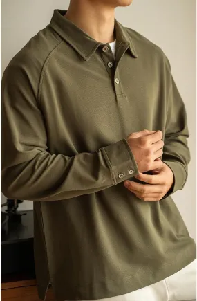 Men's Casual Polo Shirts Fashion Button Up Collared Long Sleeve Loose T Shirts,Green,3XL