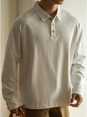 Men's Casual Polo Shirts Fashion Button Up Collared Long Sleeve Loose T Shirts,White,XL