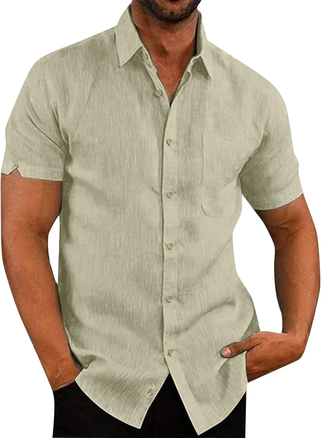 Mens Hawaiian Shirts Short Sleeve Cotton Lined Button Down Shirt Summer Solid T Shirts Beach Collared Tops with Pocket