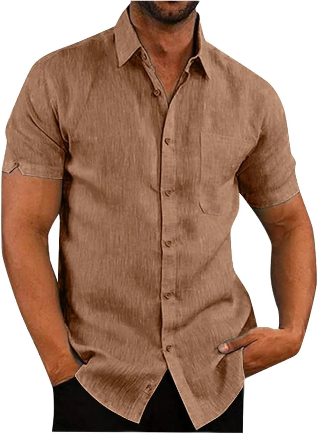 Mens Hawaiian Shirts Short Sleeve Cotton Lined Button Down Shirt Summer Solid T Shirts Beach Collared Tops with Pocket