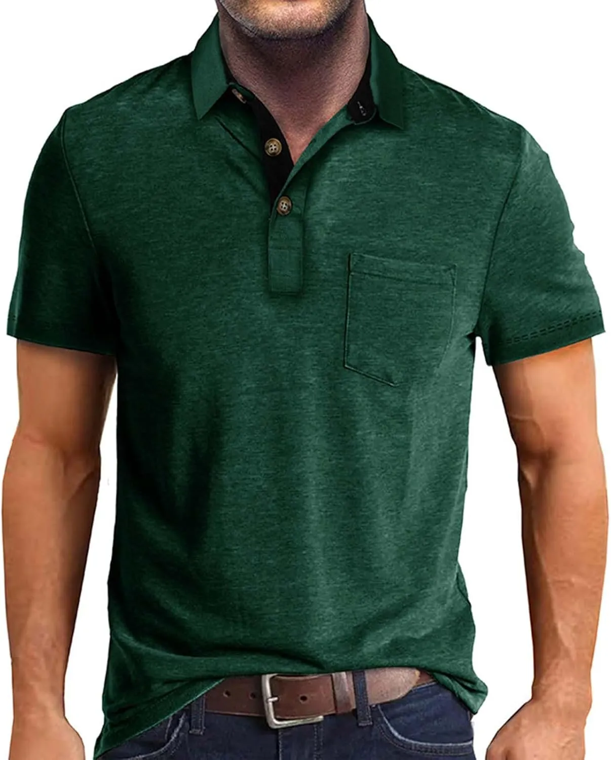 Men's Quarter Button Casual Polo Shirts Lapel Collar Pocket Short Sleeve Shirt Solid Color Cotton Tees Golf Tops