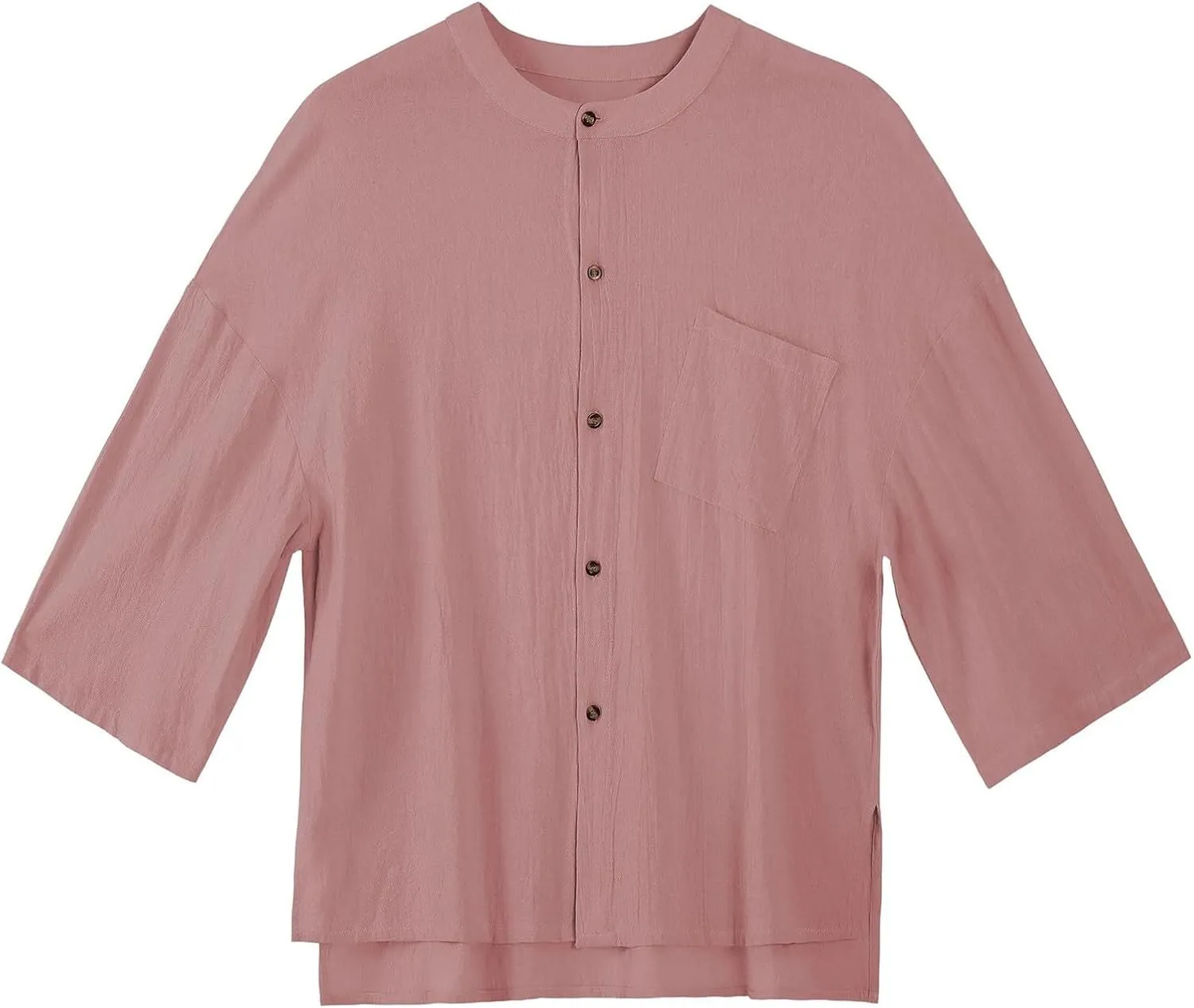 Men's Three Quarters Sleeve Shirt Solid Color Crew Neck Button Down Linen Cotton Top Pocket Breathable Summer Resort Tee