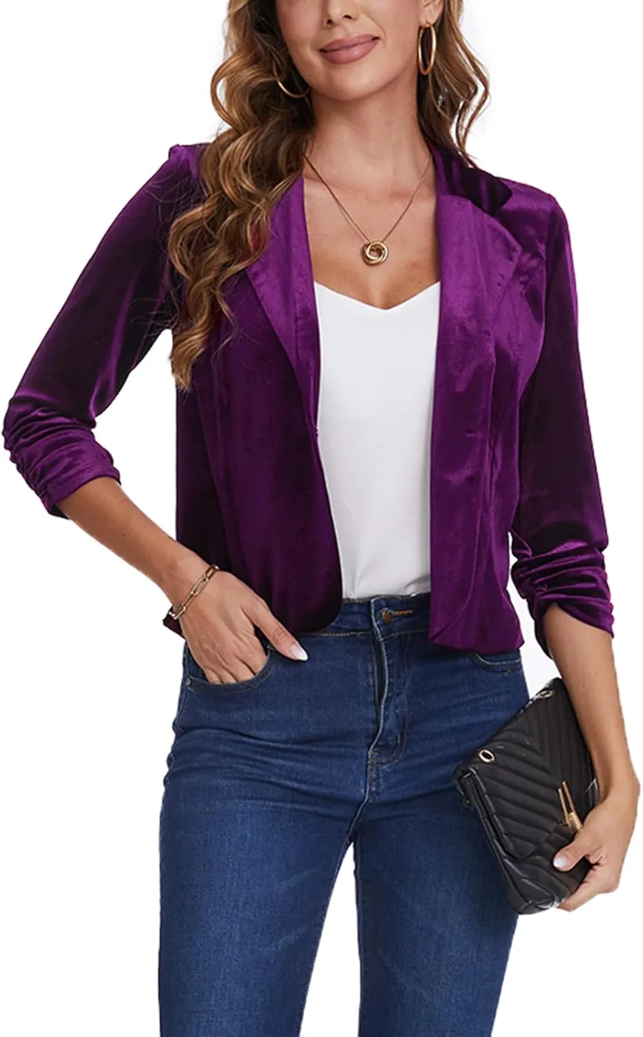 MINTLIMIT Velvet Blazer 3/4 Ruched Sleeve Notched Lapel Button Front Casual Work Office Blazer Jackets