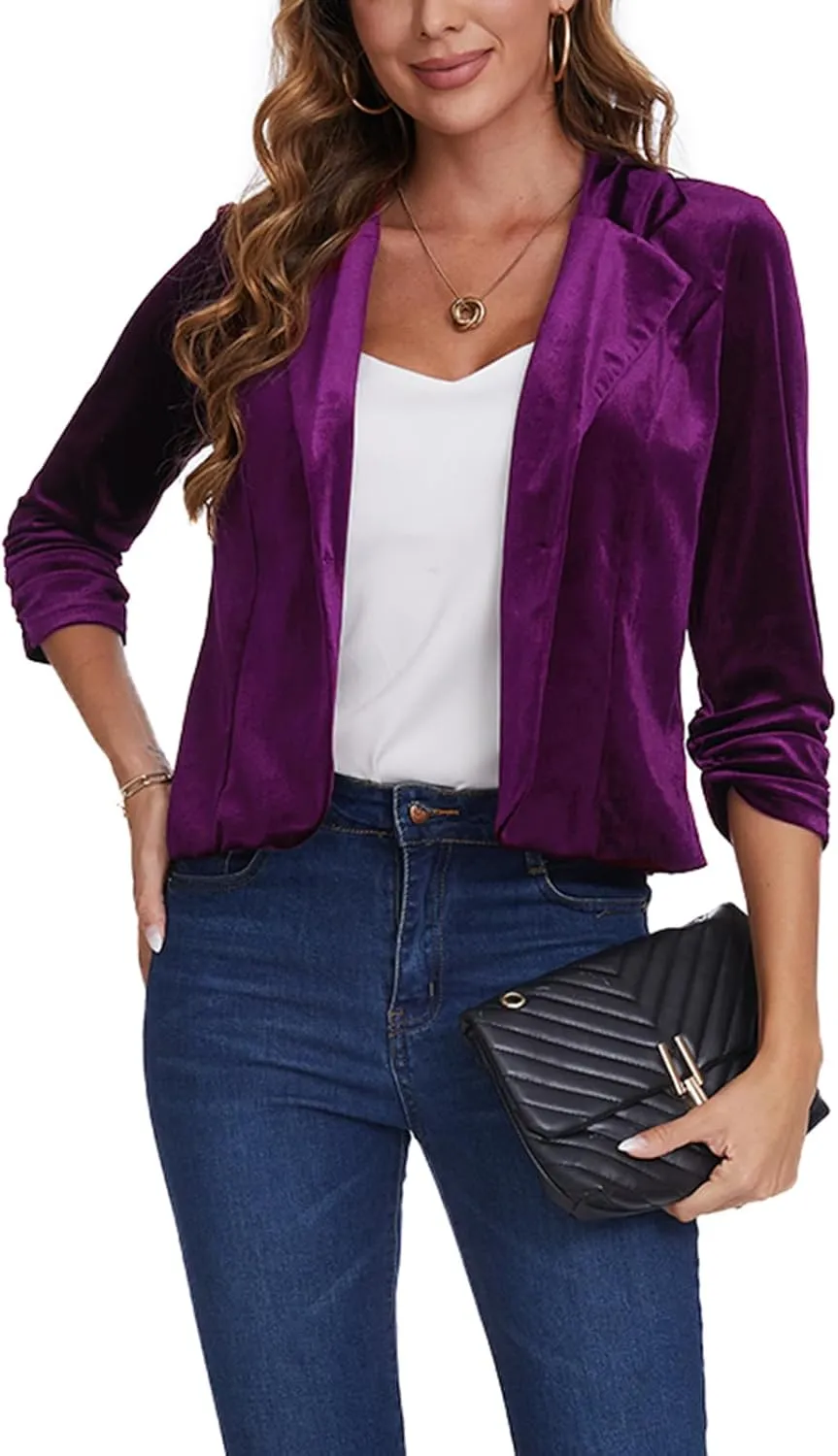 MINTLIMIT Velvet Blazer 3/4 Ruched Sleeve Notched Lapel Button Front Casual Work Office Blazer Jackets