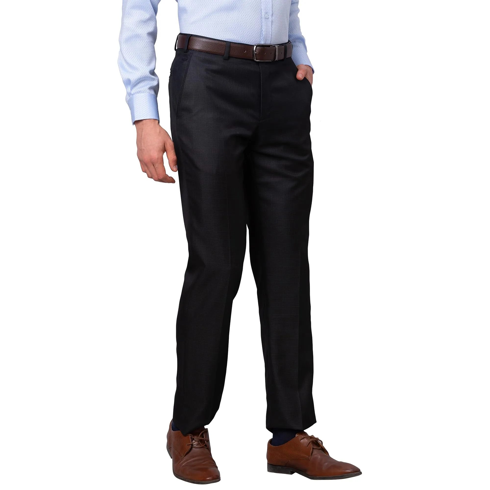 Park Avenue Men's Smart Fit Polyviscose Blend Flat Front Structure Pattern Black Formal Trouser (Size: 32)-PMTX07551-K8