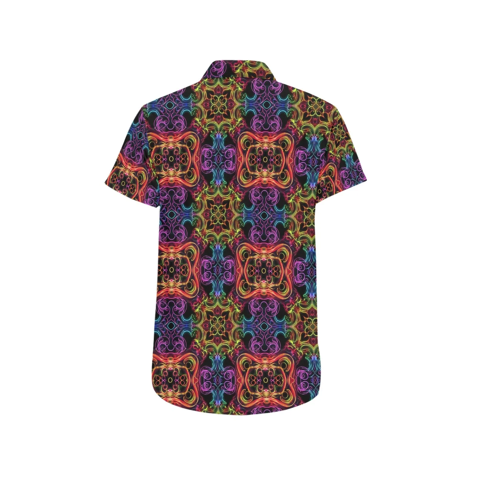 Psychedelic Short Sleeve Men Button Down Shirt, Vintage Trippy Rave Glow Lights Print Casual Buttoned Summer Dress Collared Shirt