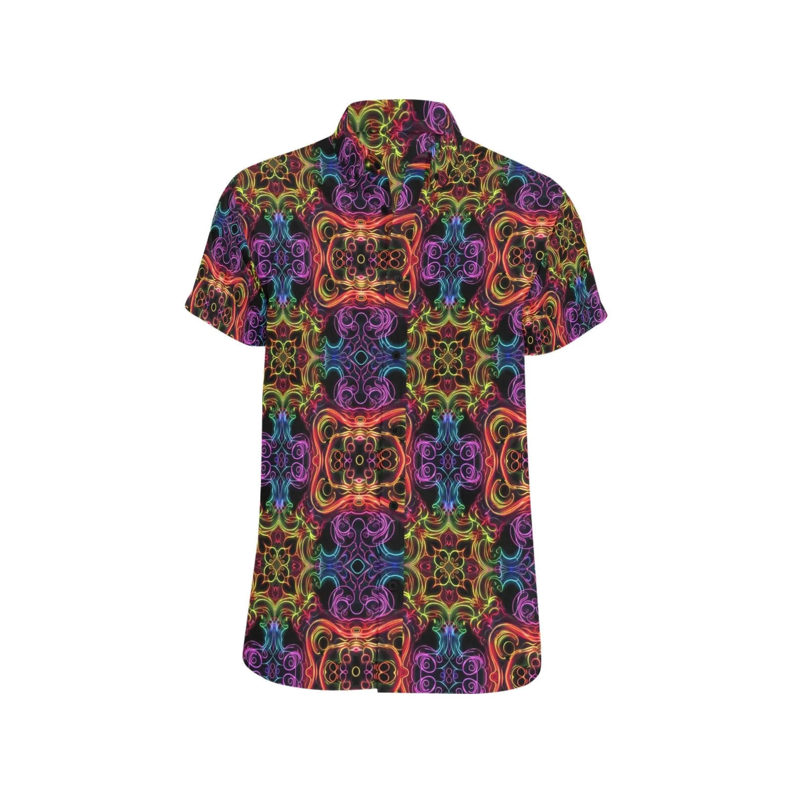 Psychedelic Short Sleeve Men Button Down Shirt, Vintage Trippy Rave Glow Lights Print Casual Buttoned Summer Dress Collared Shirt