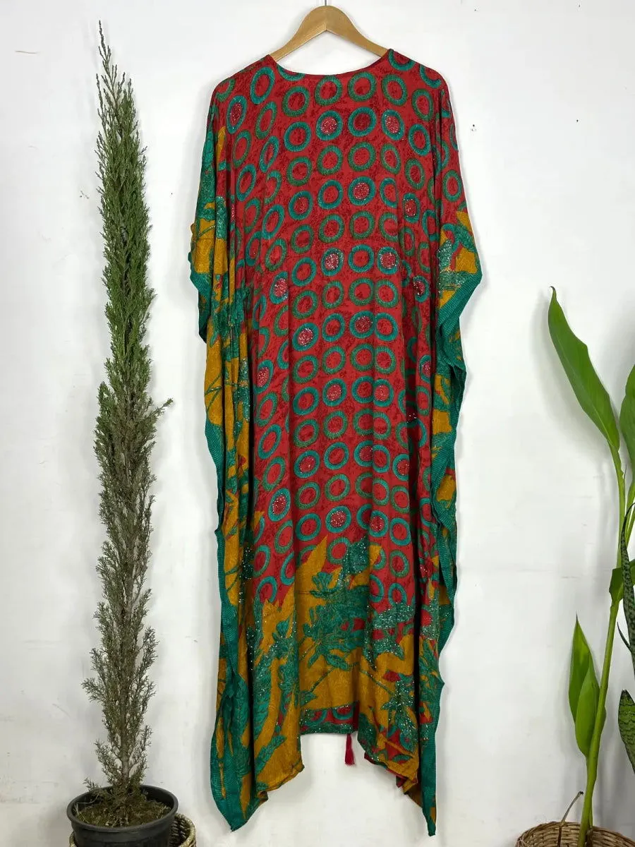Recycled Silk Vintage Sari Kaftan Boho Dress Flowy Long Length Blossom Artistic Women Beach Coverup | Red Green Geometric