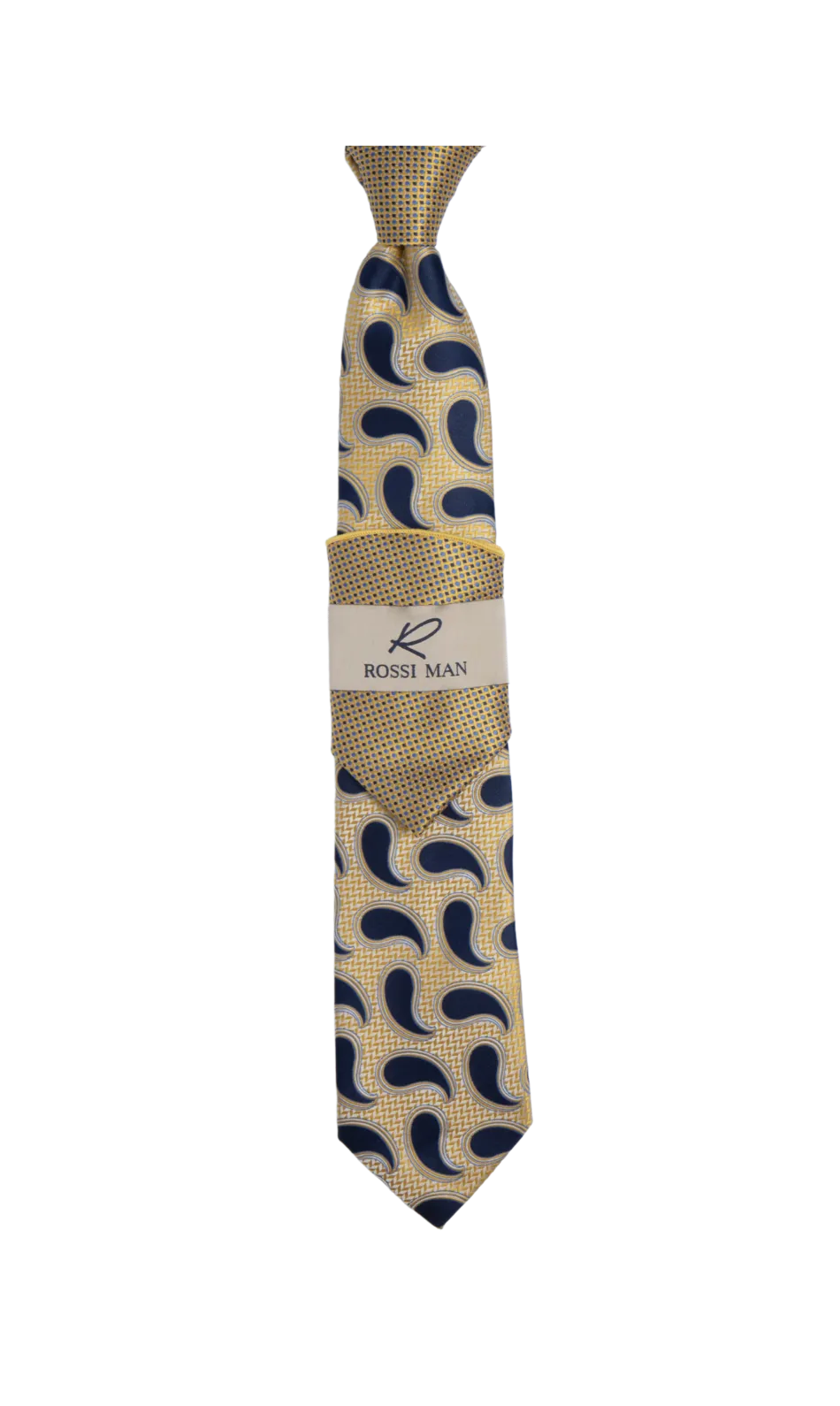 Rossi Man Blue-Gold Paisley Neckties and Hanky Set