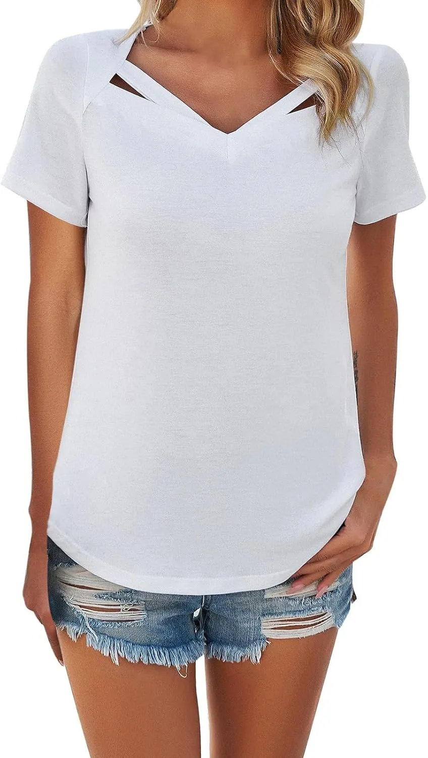 Short Sleeve Shirts for Women Vneck Hollow Crossed Solid Color Tshirts Casual Fashion Breathable Comfy Vacation Tees