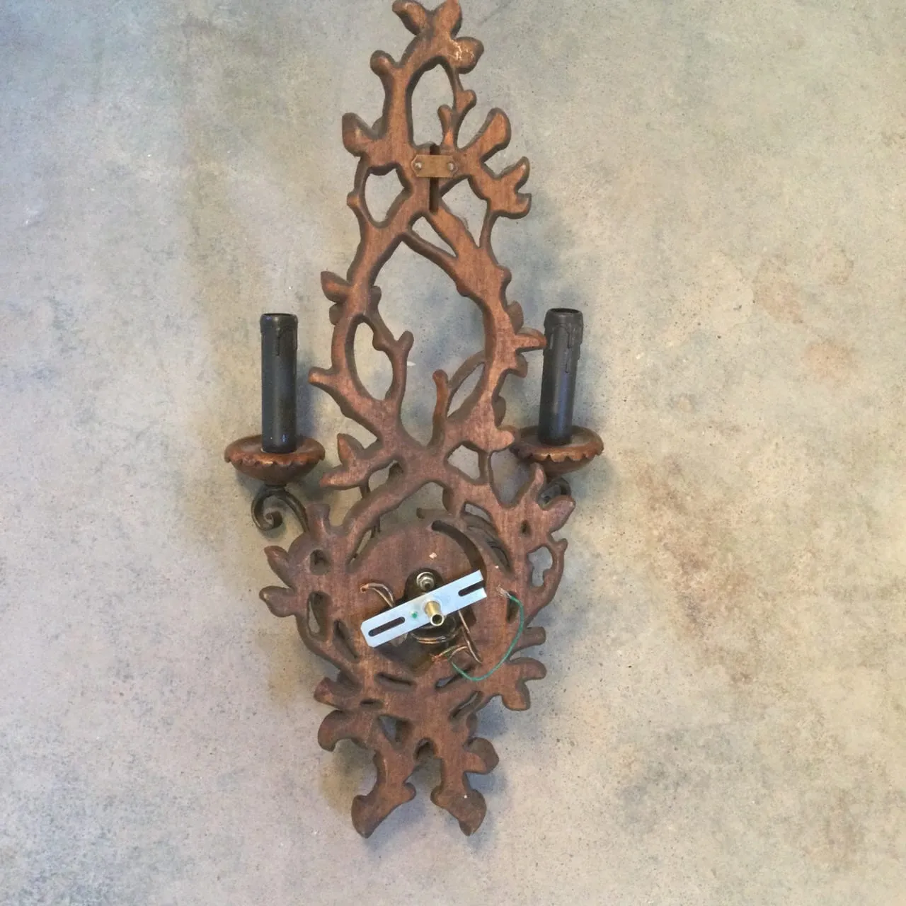 Wall Sconce, Hand Carved Wooden Branches, Charcoal Metal Hardware, Two Candlestick