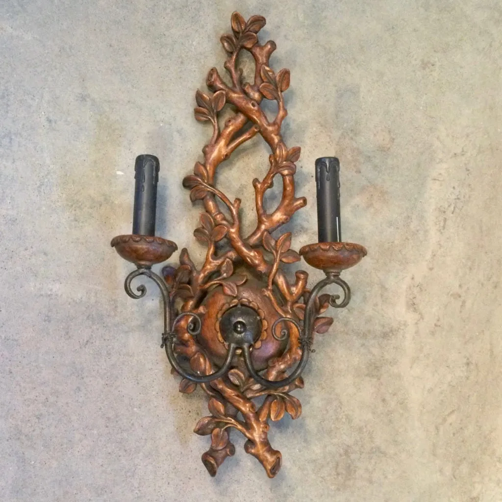 Wall Sconce, Hand Carved Wooden Branches, Charcoal Metal Hardware, Two Candlestick
