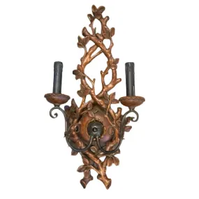 Wall Sconce, Hand Carved Wooden Branches, Charcoal Metal Hardware, Two Candlestick