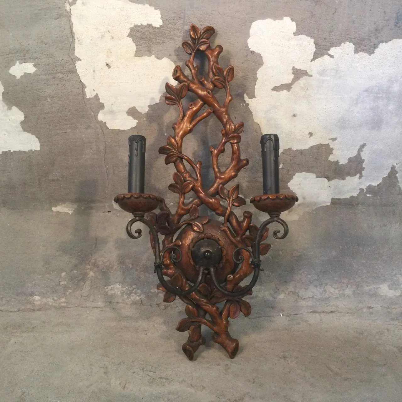Wall Sconce, Hand Carved Wooden Branches, Charcoal Metal Hardware, Two Candlestick