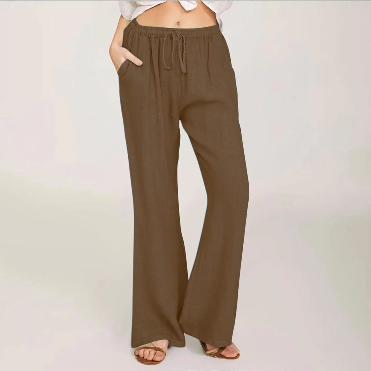 Women Wide Leg Cotton Linen Pants Casual High Waist Palazzo Pant Workout Loose Flowy Trouser with Pocket