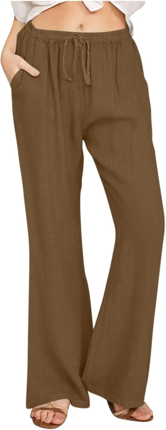 Women Wide Leg Cotton Linen Pants Casual High Waist Palazzo Pant Workout Loose Flowy Trouser with Pocket