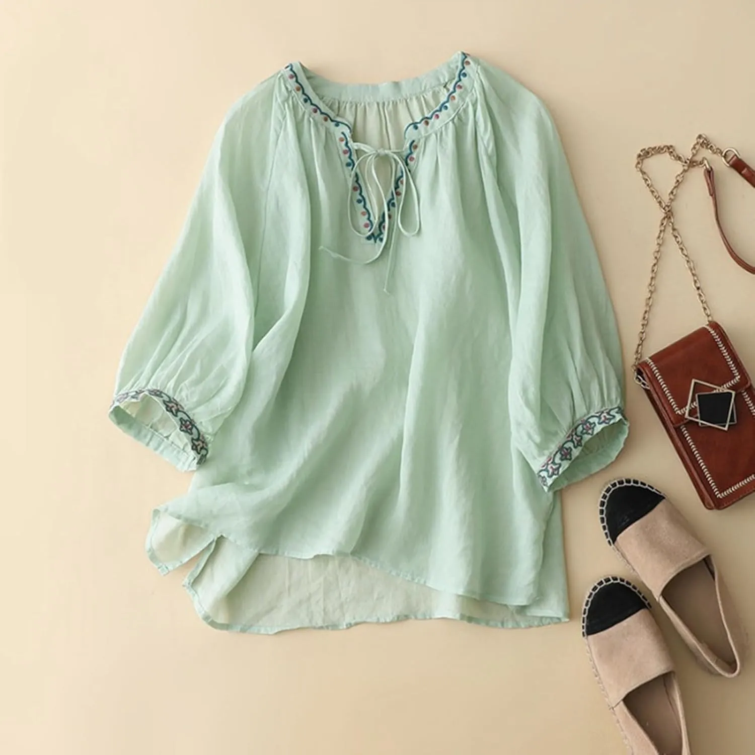 Women's Button Shirts Linen Roll up Sleeve V-Neck Trendy Shirt Casual Loose Fit Business Work Blouses Tops