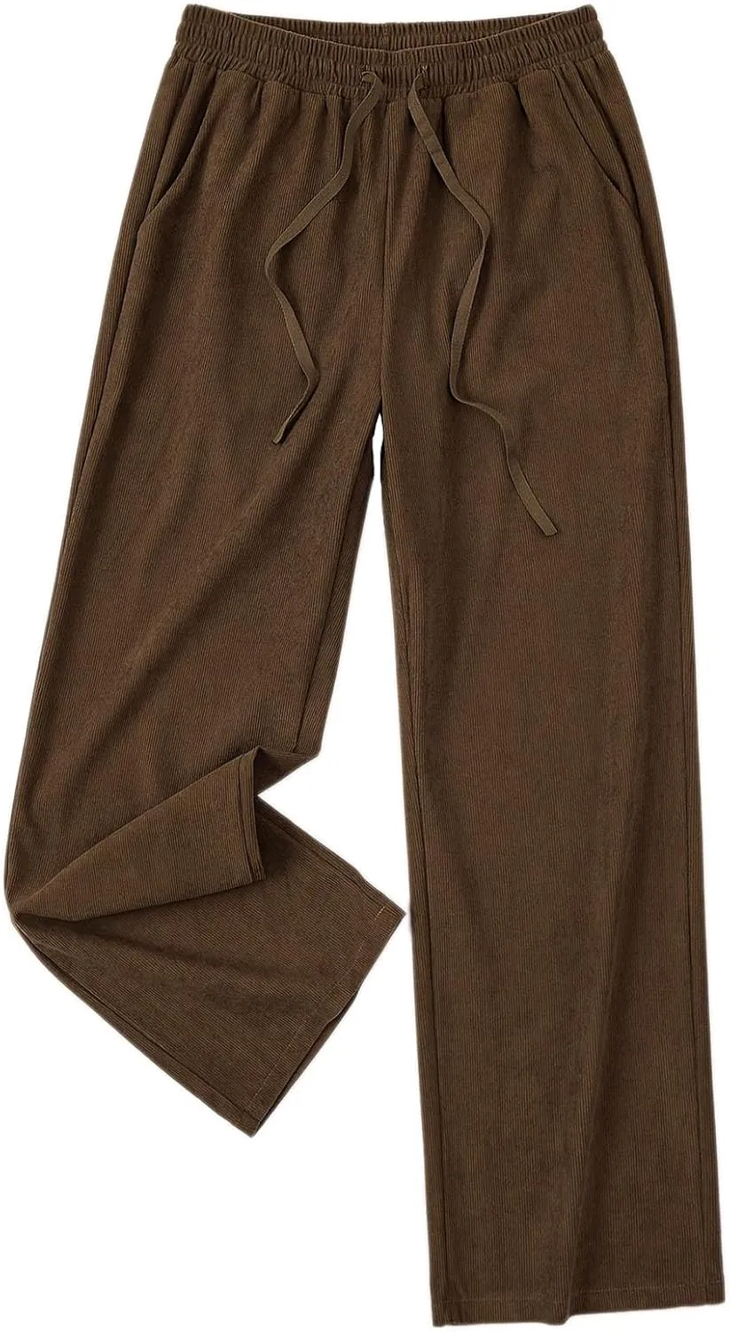 Womens Cotton Linen Straight Leg Pants High Waisted Drawstring Stretchy Business Work Casual Trousers with Pockets