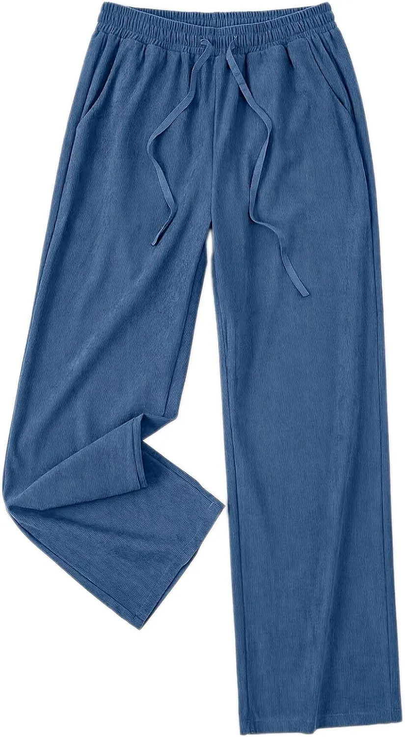 Womens Cotton Linen Straight Leg Pants High Waisted Drawstring Stretchy Business Work Casual Trousers with Pockets