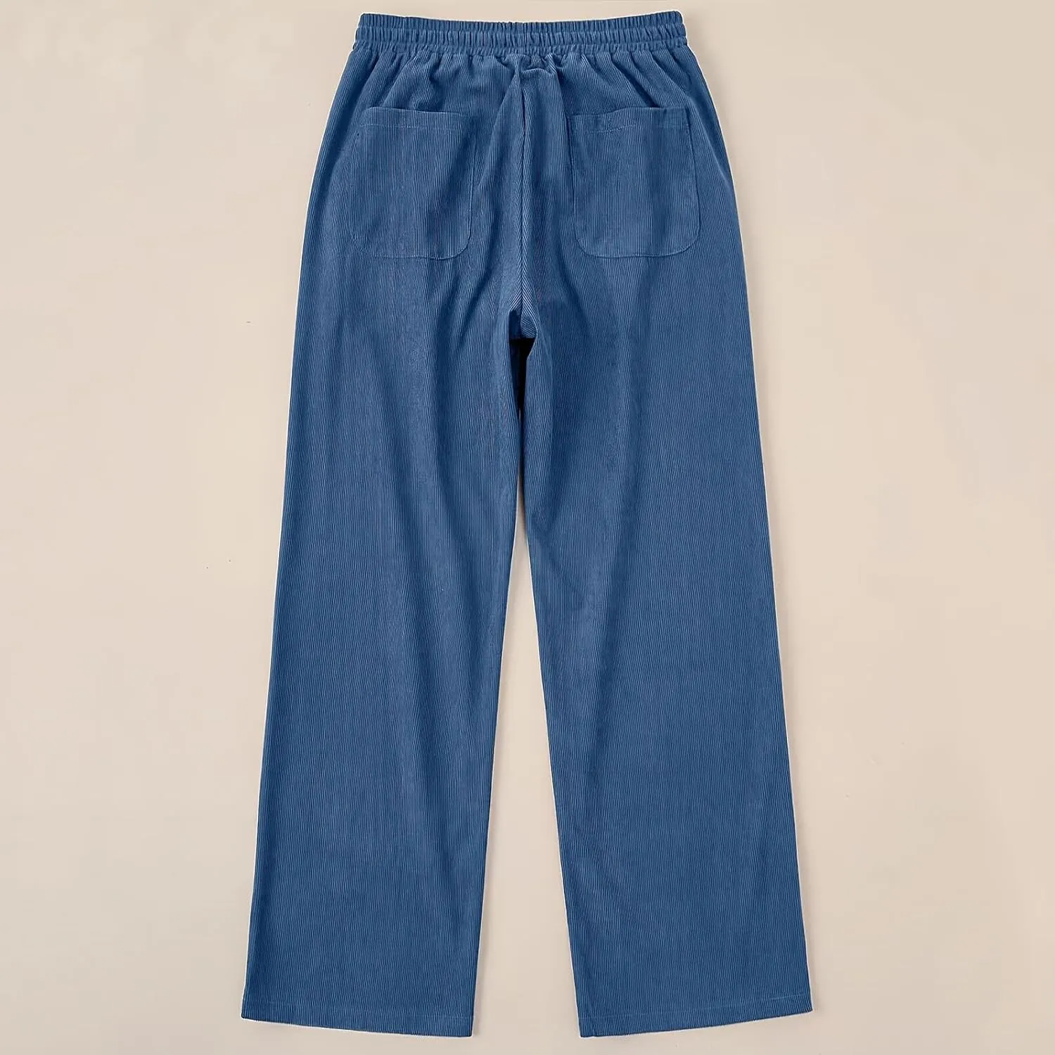 Womens Cotton Linen Straight Leg Pants High Waisted Drawstring Stretchy Business Work Casual Trousers with Pockets