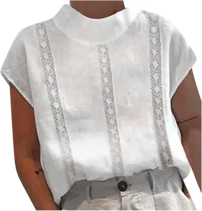 Womens Cotton Linen Tshirts Fashion Slim Fit High Neck Cap Sleeve Lace Shirt 2025 Summer Casual Sexy Blouse Tops