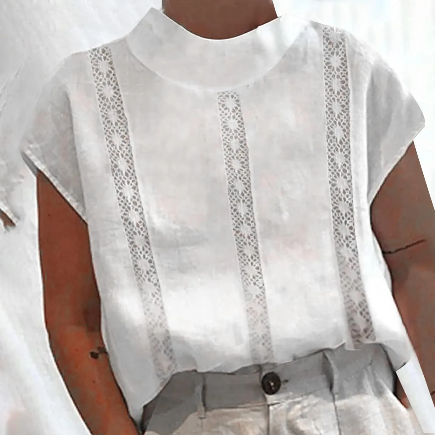 Womens Cotton Linen Tshirts Fashion Slim Fit High Neck Cap Sleeve Lace Shirt 2025 Summer Casual Sexy Blouse Tops