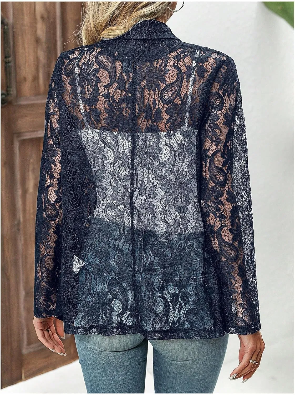 Womens Lace Blazer Jackets Open Front 3/4 Sleeve Button Sheer Mesh Blazer Elegant Casual Blazers Jacket