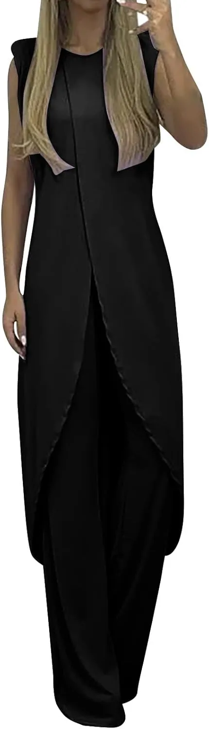 Women's Pajama Sets 7 Colors Mature Women Suit Suit for Women Summer Slit Sleeveless Loose Blouse and Wide Leg Pants