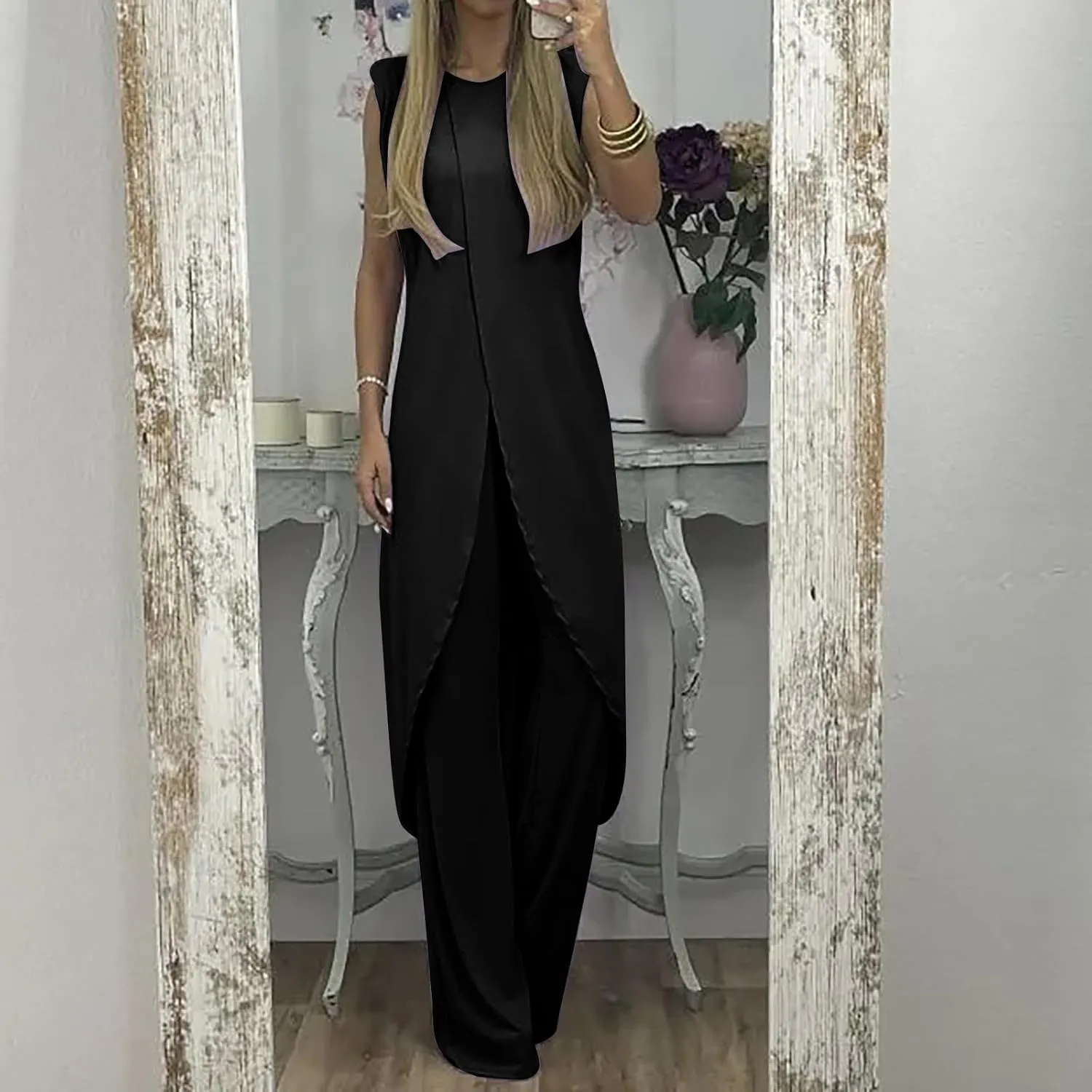 Women's Pajama Sets 7 Colors Mature Women Suit Suit for Women Summer Slit Sleeveless Loose Blouse and Wide Leg Pants