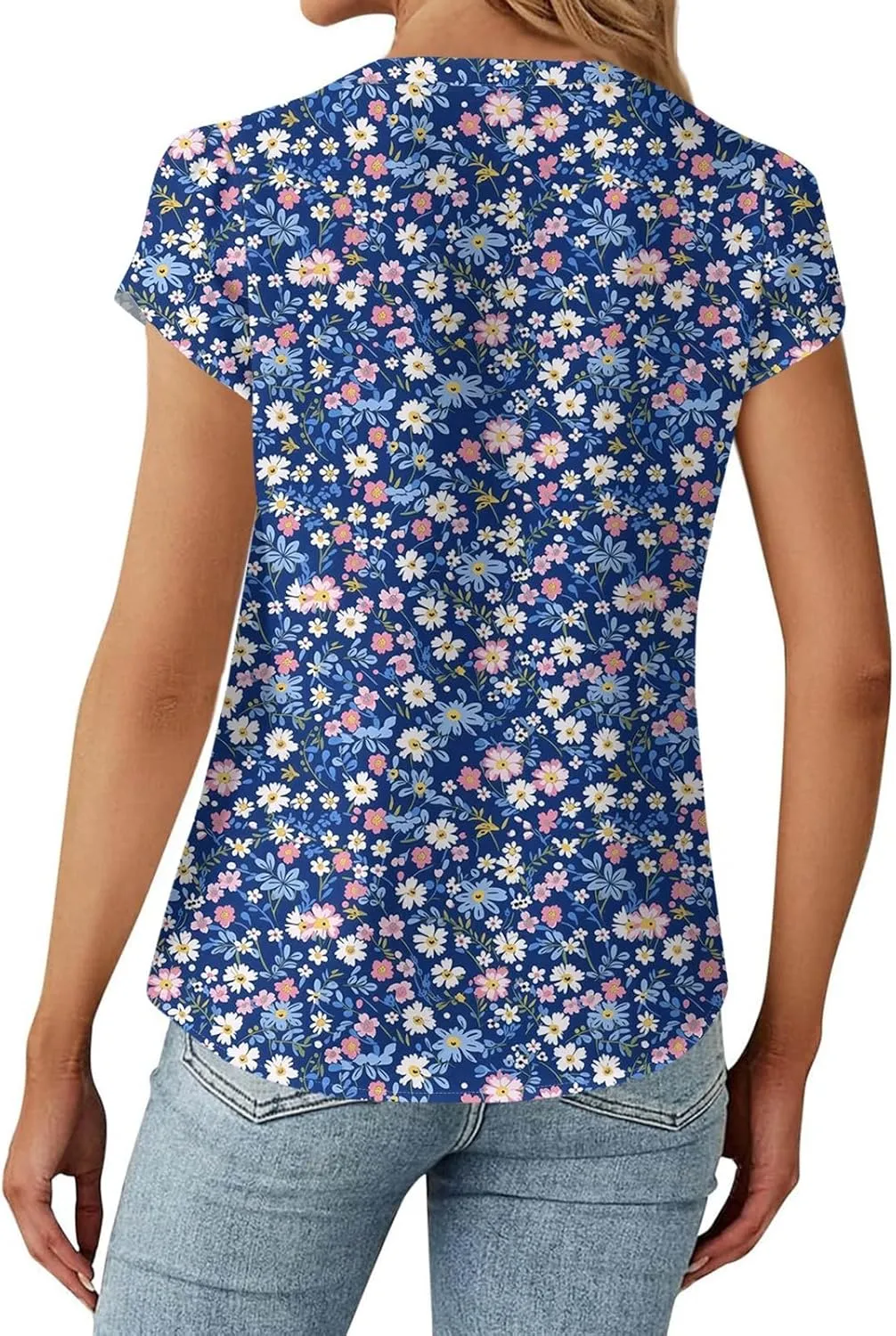Womens-Plus-Size-Summer-Tops Dressy Ruffle V Neck T Shirts Trendy Puff Short Sleeve Tunics Casual Buttons Up Blouses