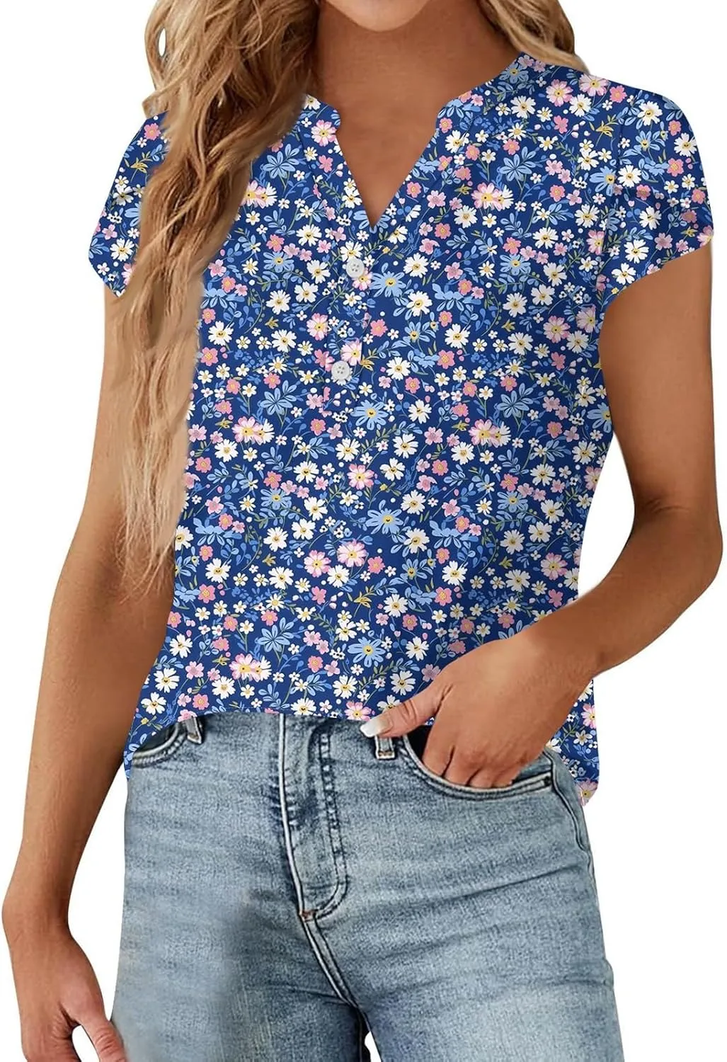 Womens-Plus-Size-Summer-Tops Dressy Ruffle V Neck T Shirts Trendy Puff Short Sleeve Tunics Casual Buttons Up Blouses