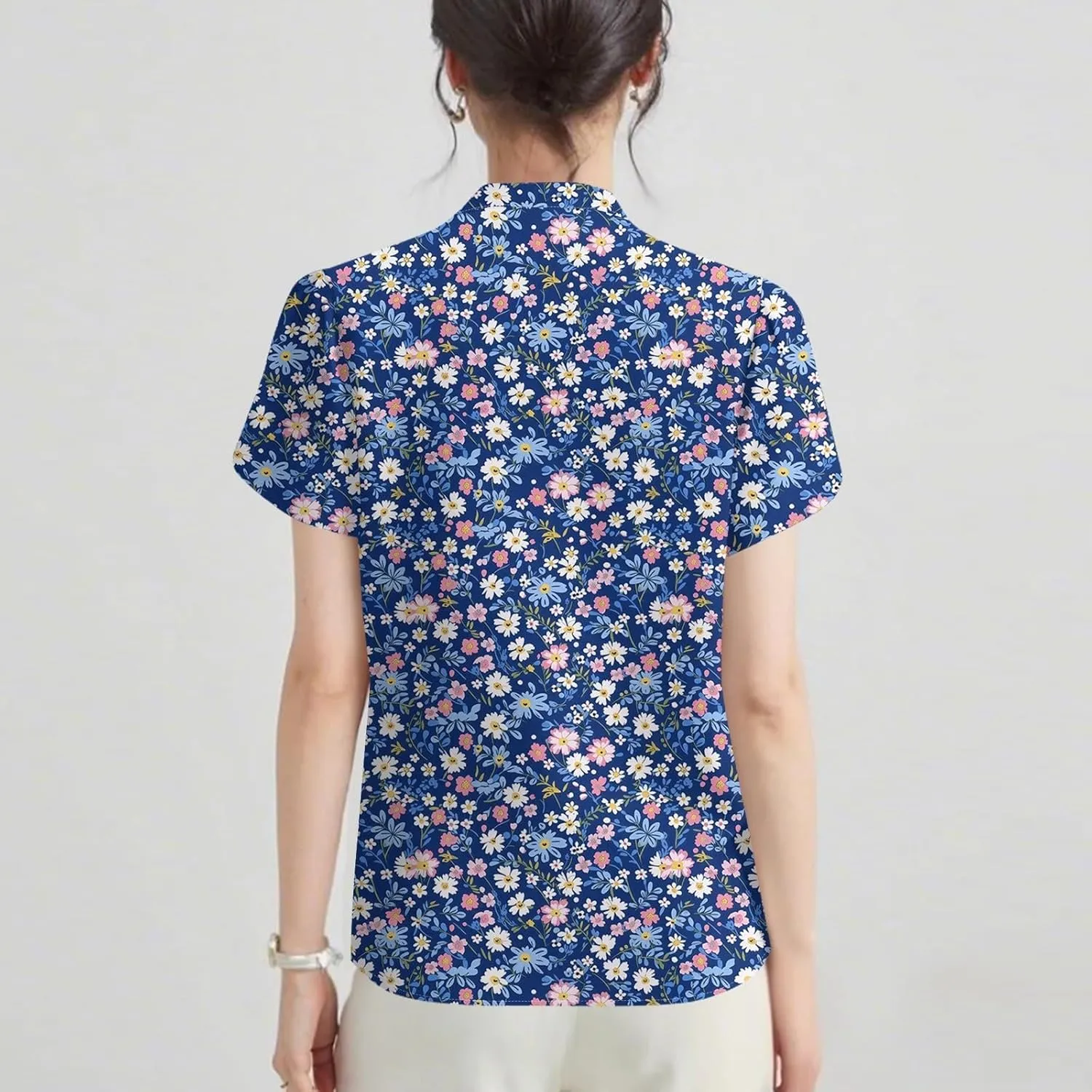 Womens-Plus-Size-Summer-Tops Dressy Ruffle V Neck T Shirts Trendy Puff Short Sleeve Tunics Casual Buttons Up Blouses