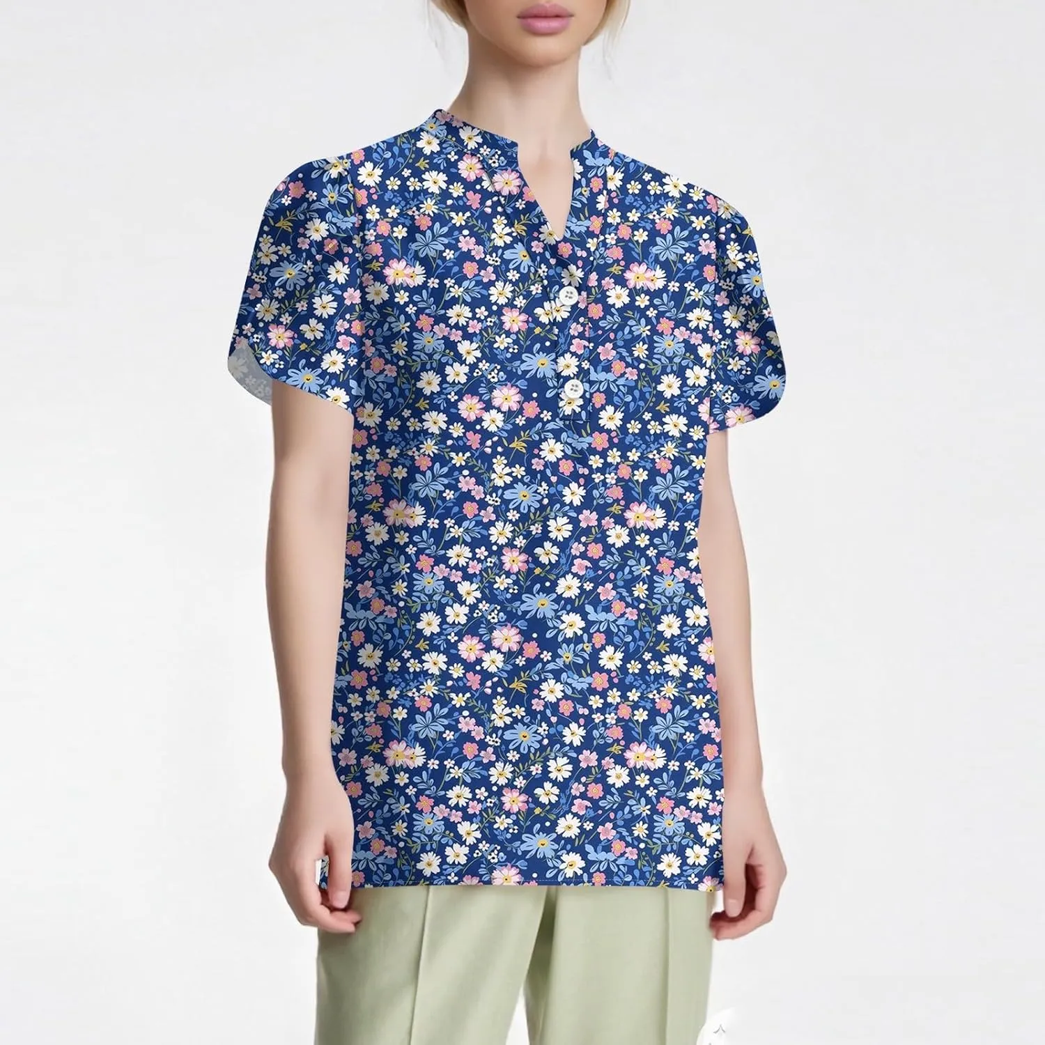 Womens-Plus-Size-Summer-Tops Dressy Ruffle V Neck T Shirts Trendy Puff Short Sleeve Tunics Casual Buttons Up Blouses