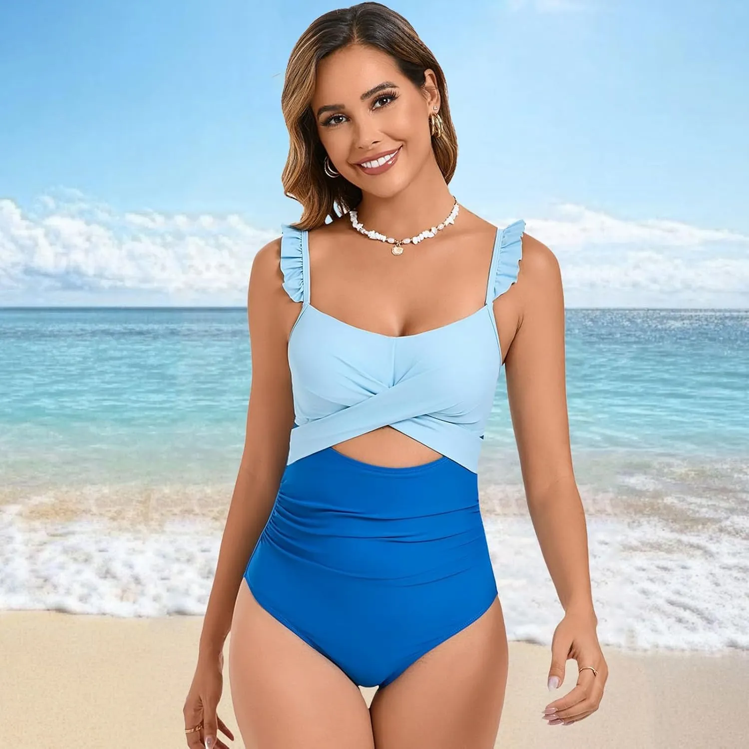 Women's Ruffle One Piece Swimsuit Square Neck Tummy Control Bathing Suits Cutout Backless Swimwear