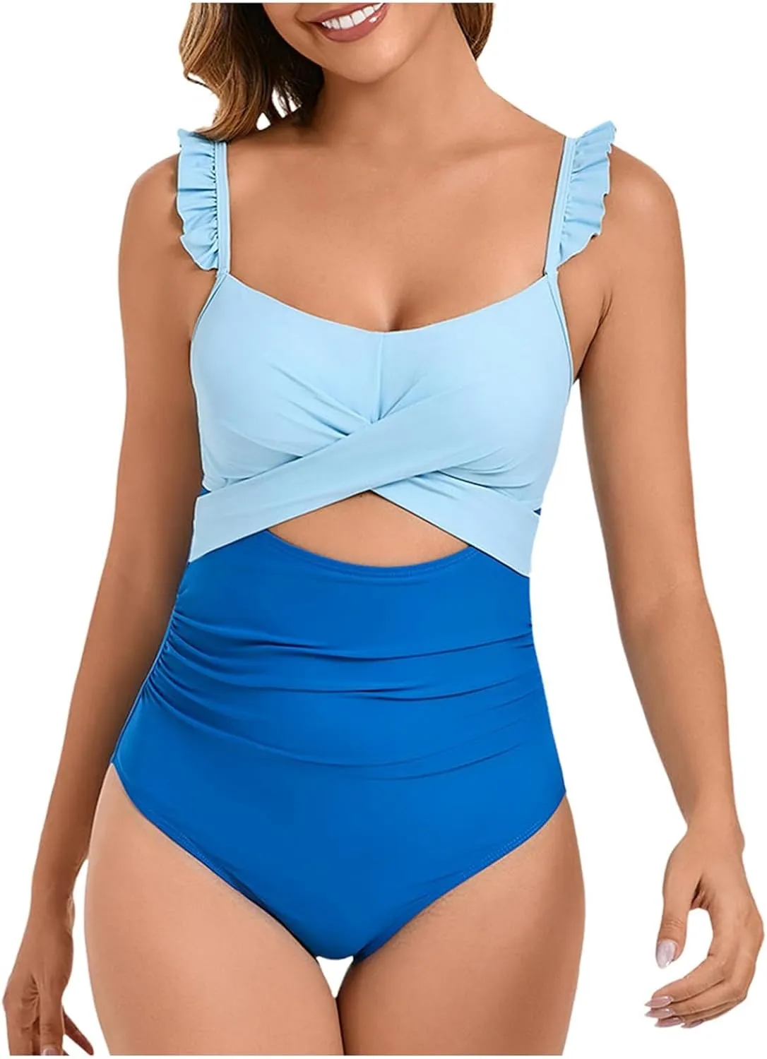 Women's Ruffle One Piece Swimsuit Square Neck Tummy Control Bathing Suits Cutout Backless Swimwear