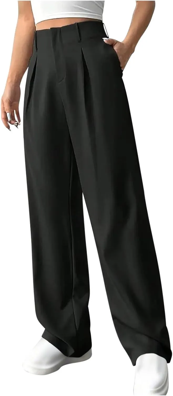 Women's Straight Leg Pants High Waisted Stretchy Business Work Casual Trousers Palazzo Wide Leg Pant with Pockets
