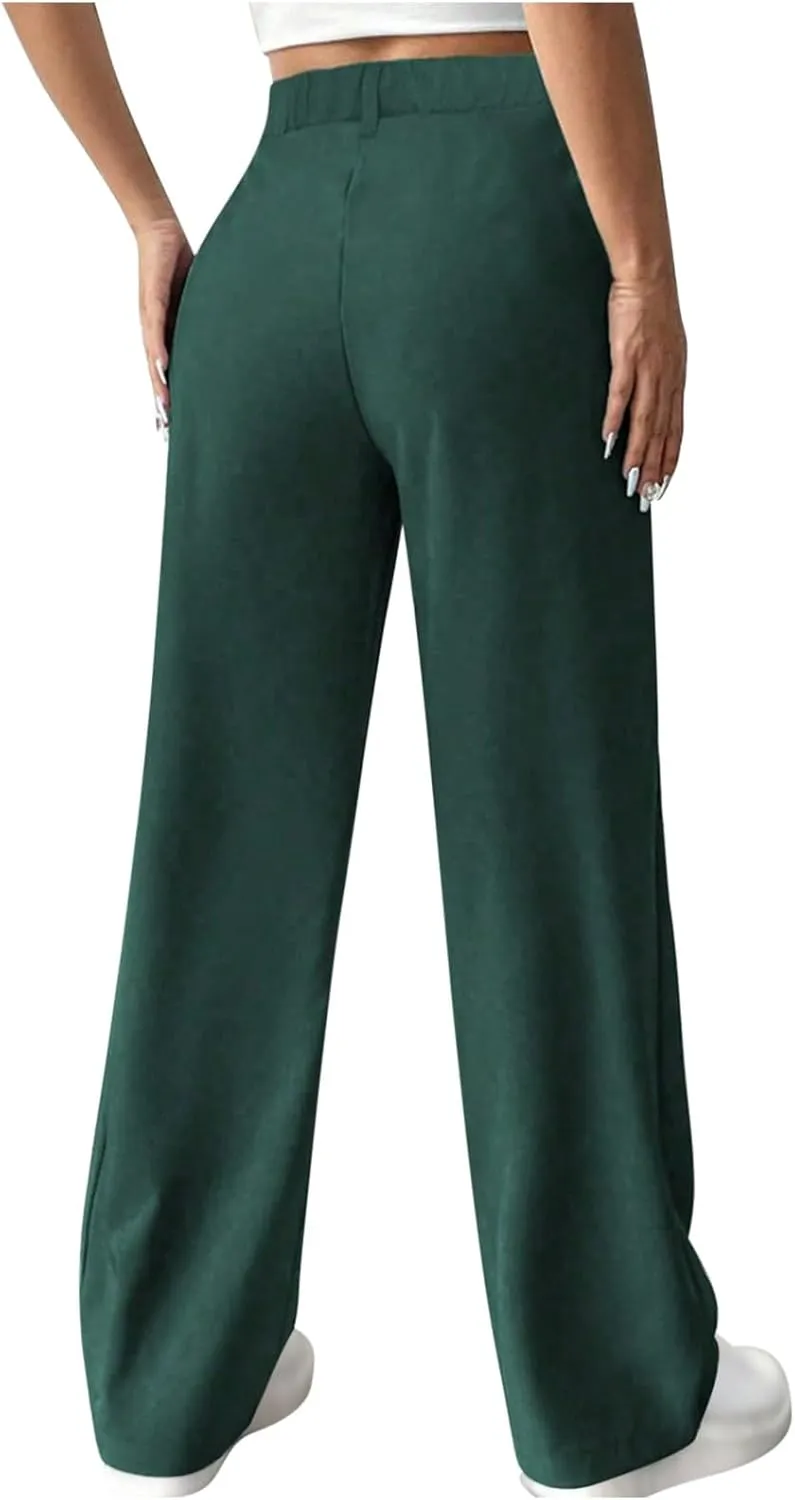 Women's Straight Leg Pants High Waisted Stretchy Business Work Casual Trousers Palazzo Wide Leg Pant with Pockets
