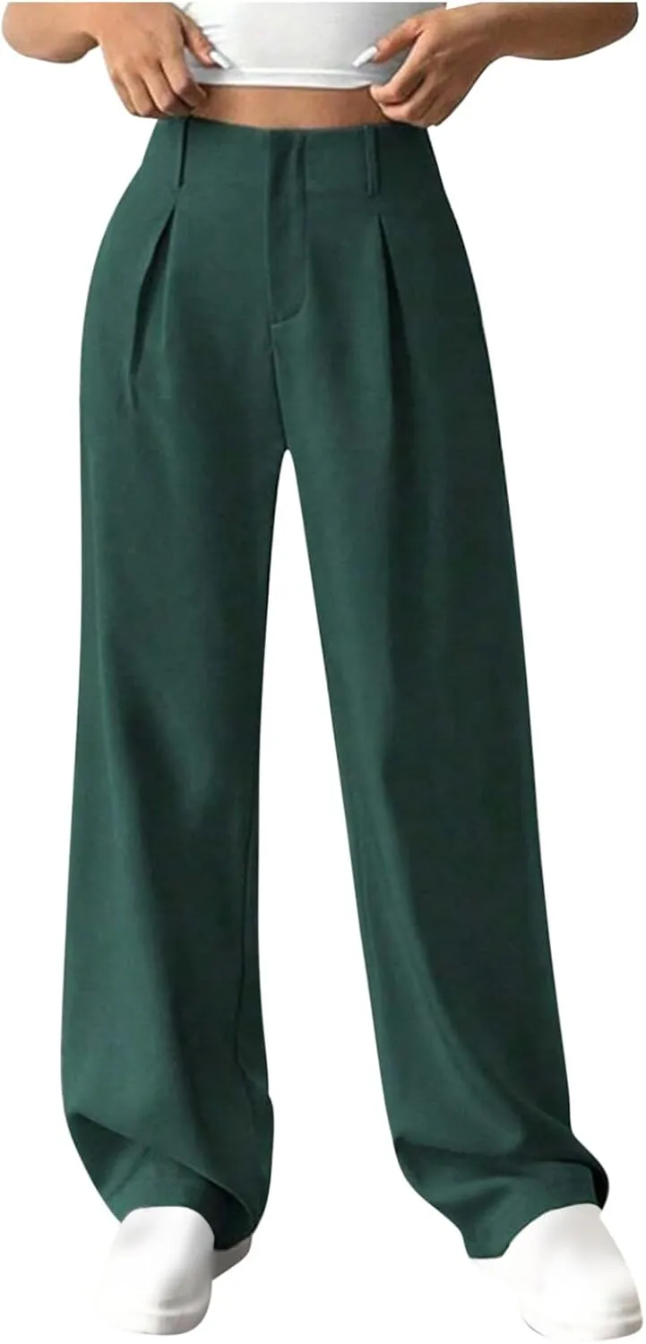 Women's Straight Leg Pants High Waisted Stretchy Business Work Casual Trousers Palazzo Wide Leg Pant with Pockets