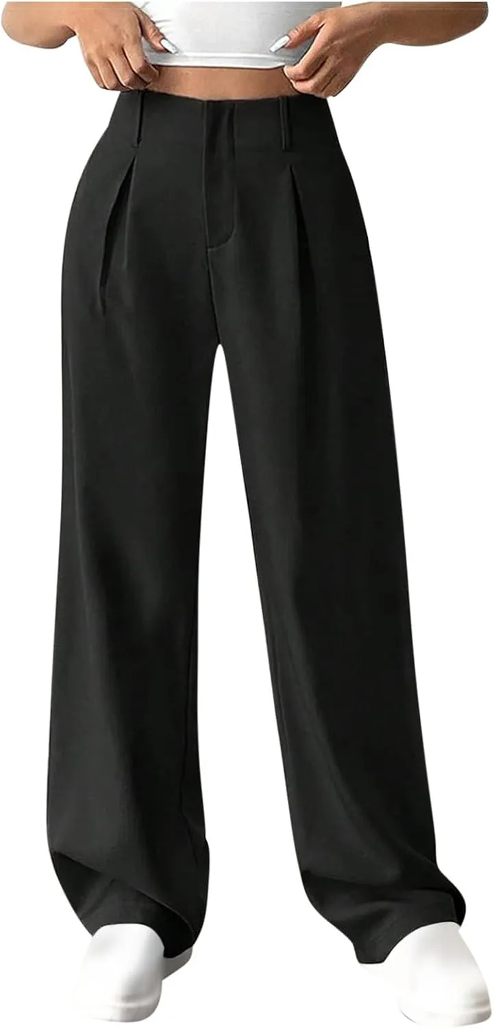 Women's Straight Leg Pants High Waisted Stretchy Business Work Casual Trousers Palazzo Wide Leg Pant with Pockets