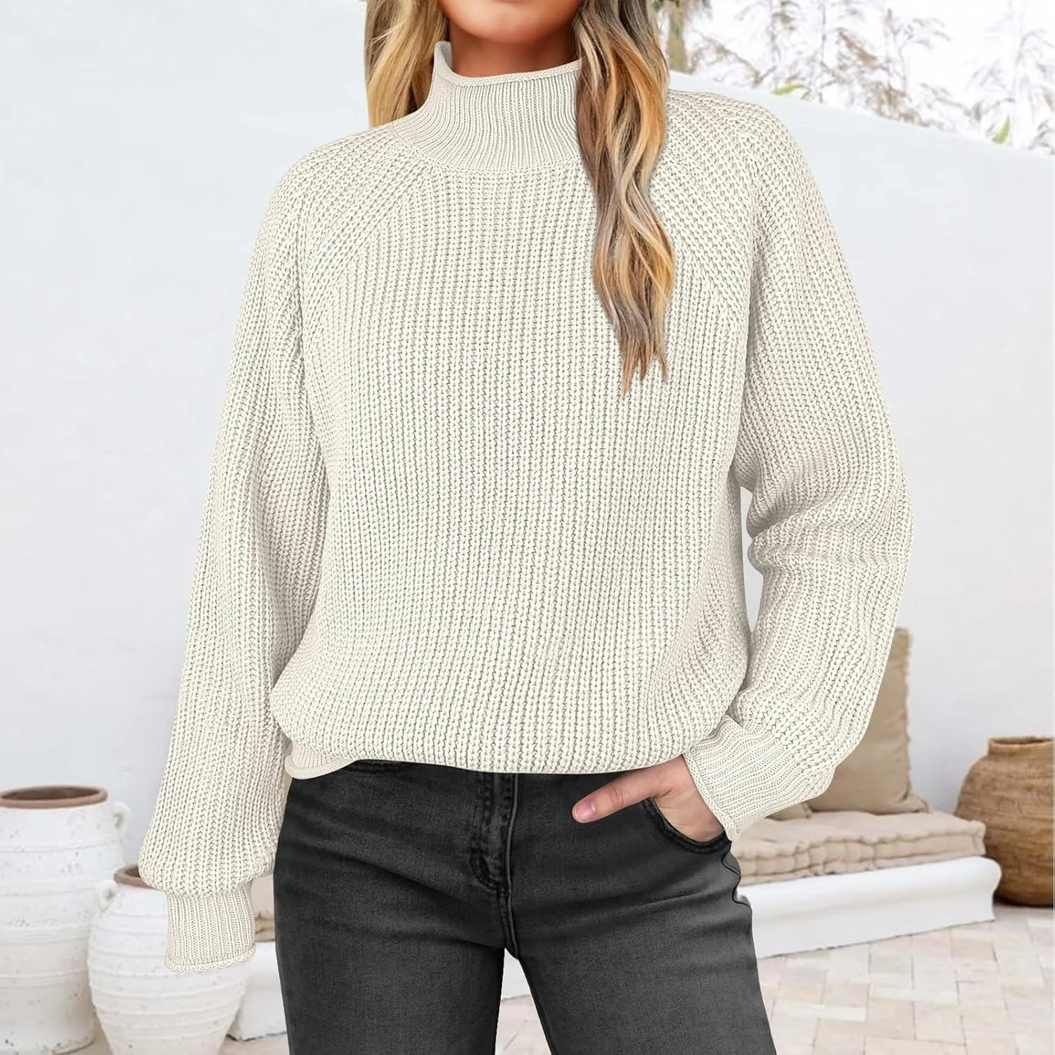 Womens Turtleneck Oversized Sweaters Long Sleeve Pullover Ribbed Knit Jumper Casual Soft Sweater Tops