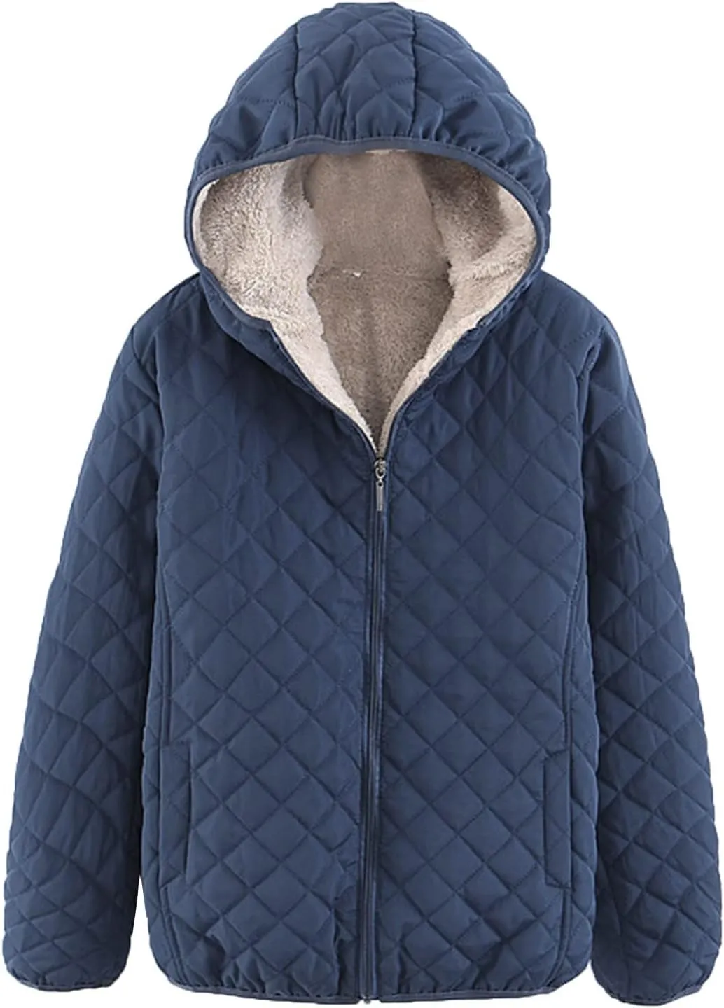 Womens Winter Warm Windproof Solid Outwear Long Sleeve Hooded Zipper Jacket Casual Soft Pockets Overcoat Daily Clothes